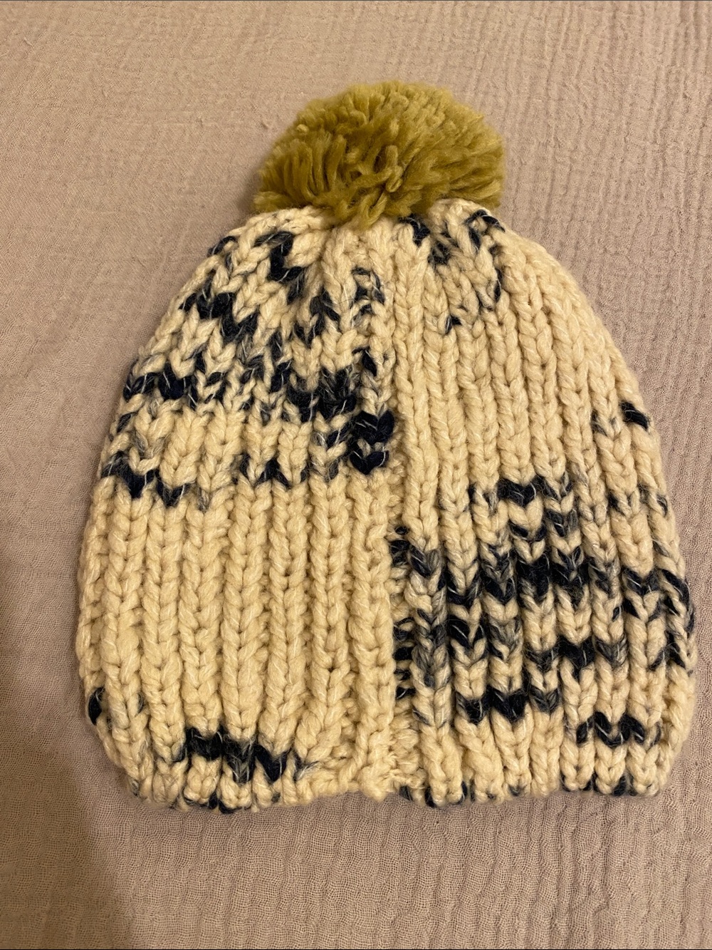 Madewell Cream and Black Knit Pom Hat with Olive Pom. Style ND031
